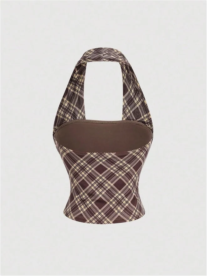 Plaid Y2k Halter Tank Tops Brown by OYOANGLE