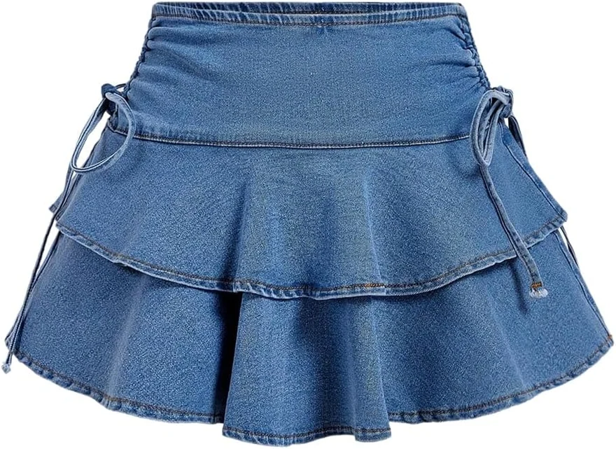 Denim Skirts Low Rise Drawstring Side Ruched Layered Ruffle A by OYOANGLE