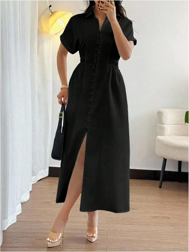 Short Sleeve Button Up Long Shirtdress Ruched Collar Business by OYOANGLE