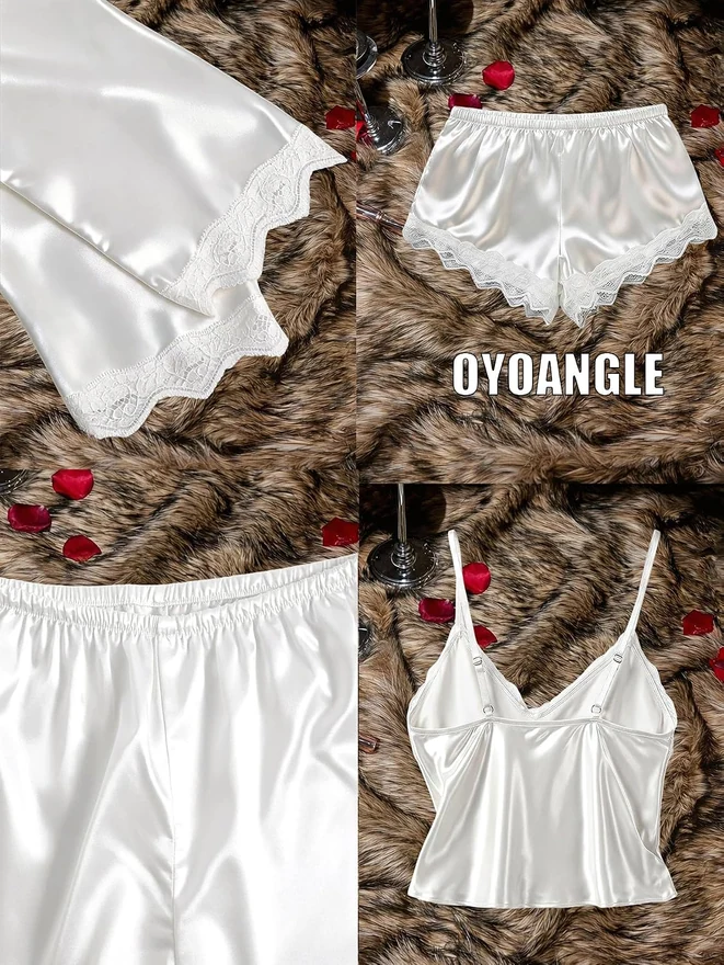 4 Piece Silky Satin Pajama Set Bridal Cute Pjs Lounge Set by OYOANGLE, photograph 2 of 4
