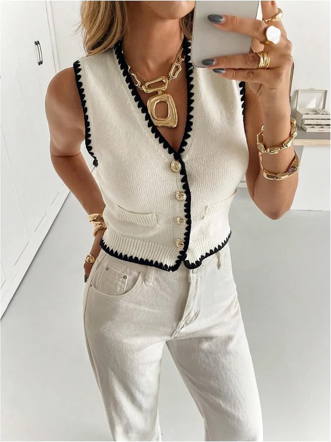 Button Up Sweater Vest Contrast Binding V Neck Summer Dressy by OYOANGLE, photograph 4 of 4