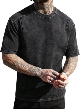 Short Sleeve Washed T Shirts Crew Neck Drop Shoulder Tee Shirt in Black