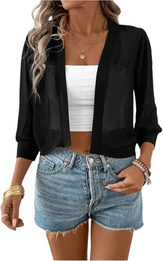 3/4 Sleeve Open Front Sheer Cropped Cardigans in Black