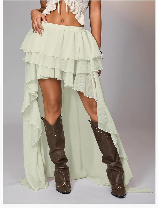 Boho Layered Ruffle Chiffon Y2K Elastic Cowgirl Maxi Skirt by OYOANGLE, photograph 2 of 4