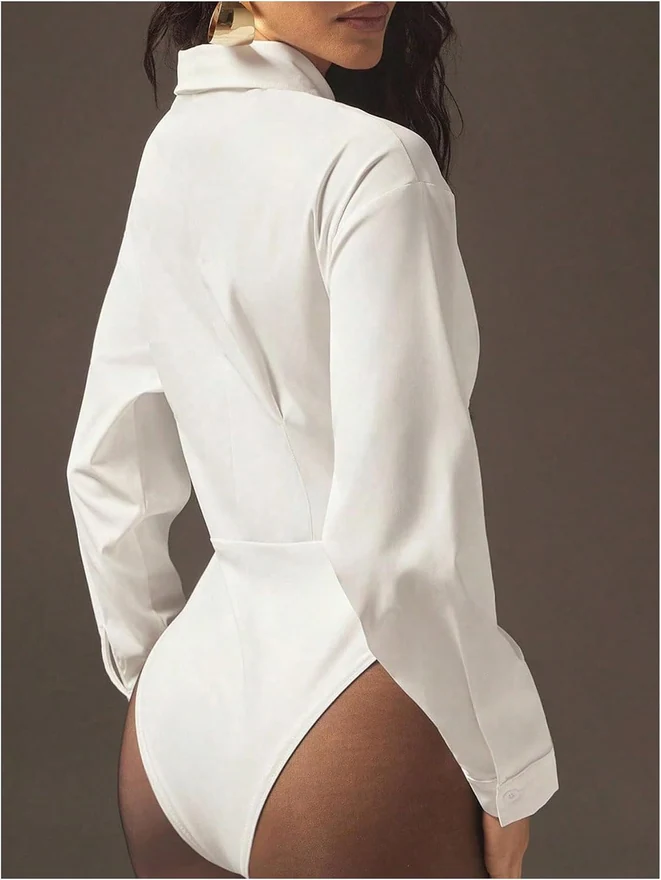 Dolman Long Sleeve Collared Bodysuit Button Down Shirt by OYOANGLE, photograph 3 of 4