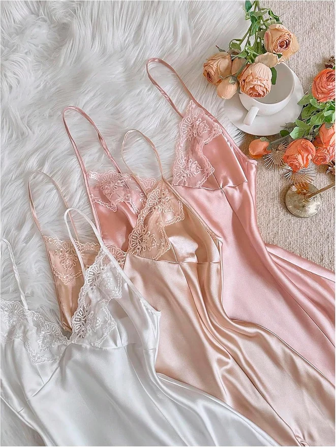 3 Pack Lace Trim Satin Nightgowns Lace Trim Spaghetti Strap V by OYOANGLE, photograph 3 of 4