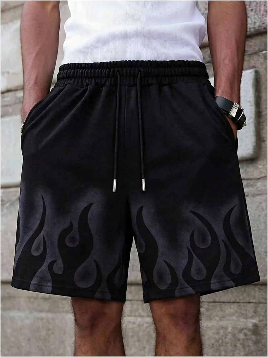 Flame Graphic Track Shorts Y2K Elastic Drawstring Waist Workout by OYOANGLE, photograph 1 of 3