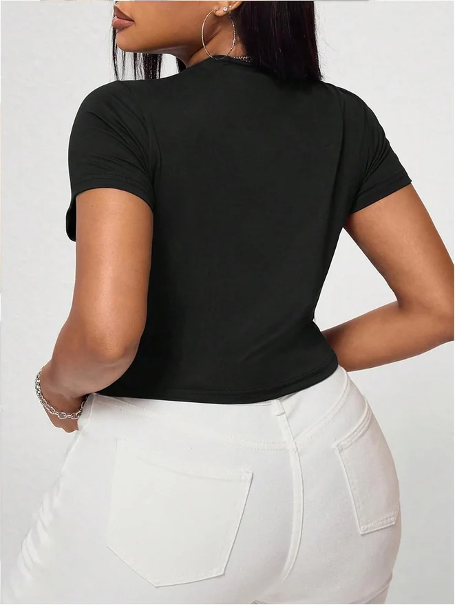 Plus Size Letter Graphic Short Sleeve Crop Tops Black by OYOANGLE, photograph 3 of 3