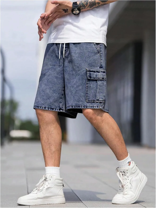 Drawstring Waist Cargo Jean Denim Shorts with Flap Pockets by OYOANGLE, photograph 4 of 4