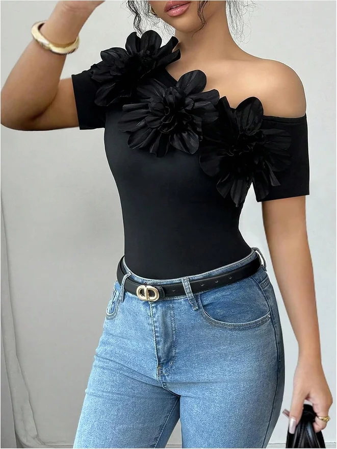 3D Floral Off The Shoulder Tops Short Sleeve Dressy Shirts by OYOANGLE, photograph 3 of 4