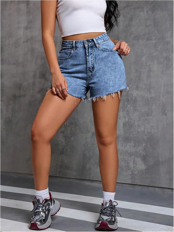 Raw Hem Denim Shorts High Rise Straight Leg Y2K Jean Shorts with by OYOANGLE, photograph 4 of 4