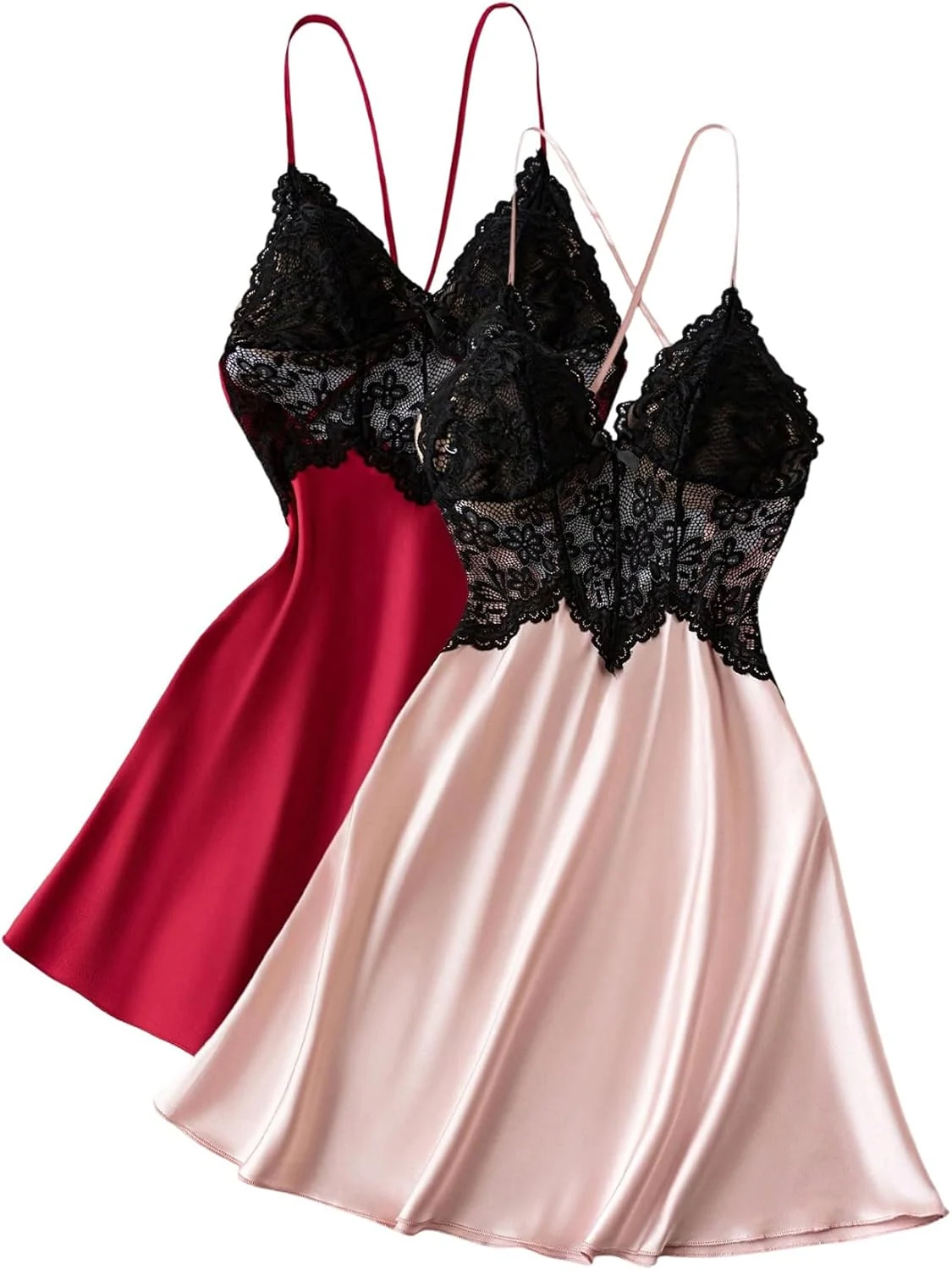 2 Pack Satin Nightgowns Lace Trim Criss Cross Spaghetti Strap by OYOANGLE, photograph 1 of 4