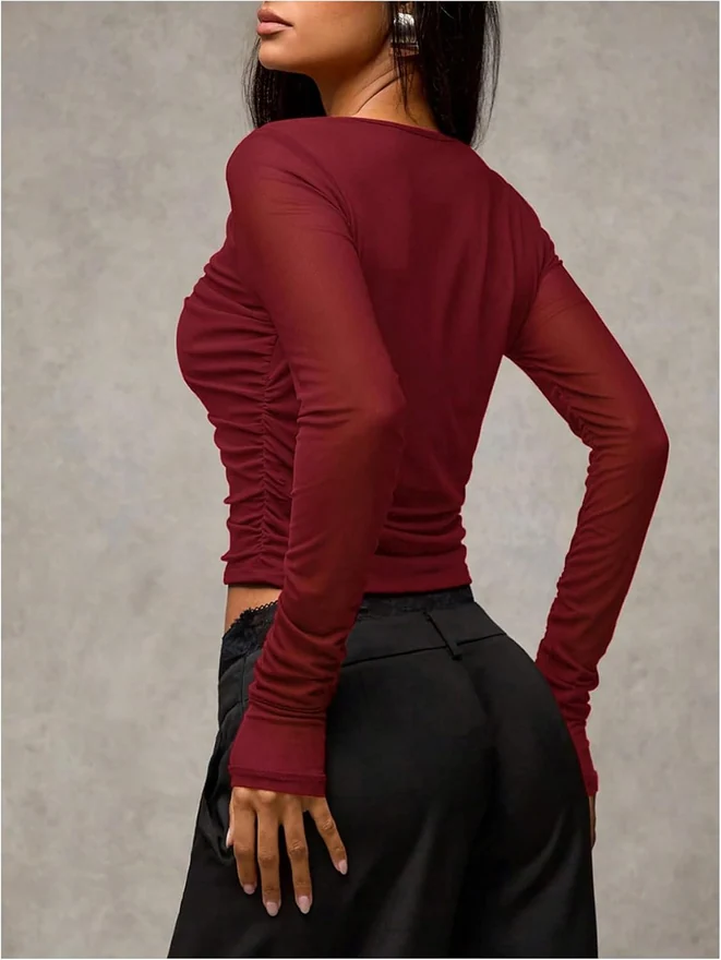 Tie Front Long Sleeve Shirt Y2k Crop Top Cut Out Fitted Mesh by OYOANGLE, photograph 2 of 4