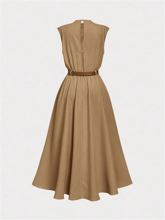 Mock Neck Ruched Belted Dress Cinched Waist A Line Dress by OYOANGLE