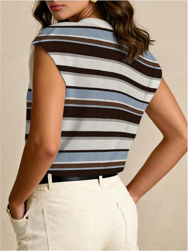 Striped Short Sleeve Sweater Summer Ribbed Knit Work Top by OYOANGLE, photograph 2 of 4