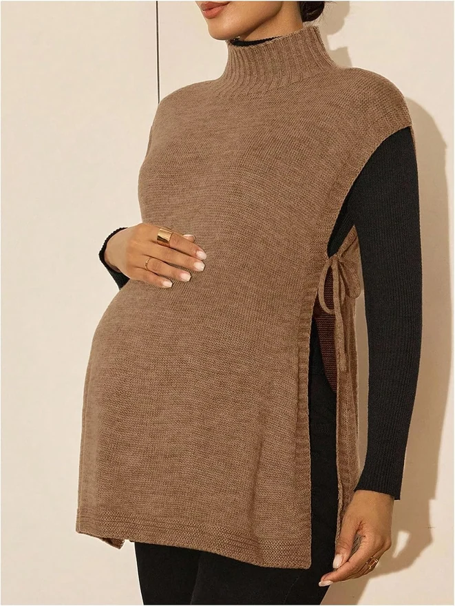 Maternity Sweater Vest Elegant Sleeveless Mock Neck Tie Side by OYOANGLE, photograph 2 of 4