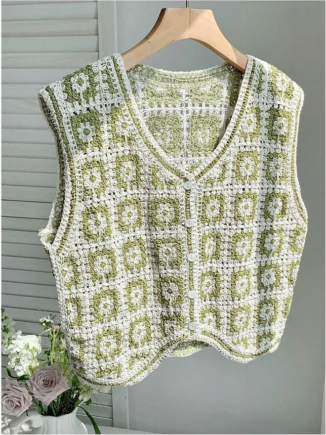 Boho Floral Knit Sweater Vest Button Up V Neck Hollow Out by OYOANGLE, photograph 3 of 4