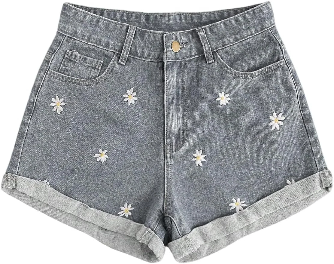 Floral Denim Shorts Wide Leg Embroidered Jean Shorts by OYOANGLE, photograph 1 of 4