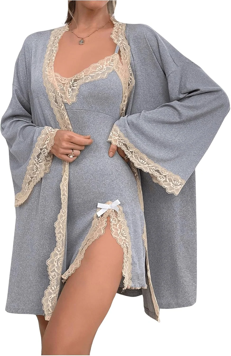 2 Piece Robe Set Lace Trim Cami Nightgown and Long Sleeve Kimono by OYOANGLE, photograph 1 of 4
