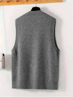 Split Hem Crew Neck Basic Sweater Vest Sleeveless Pullover in Grey