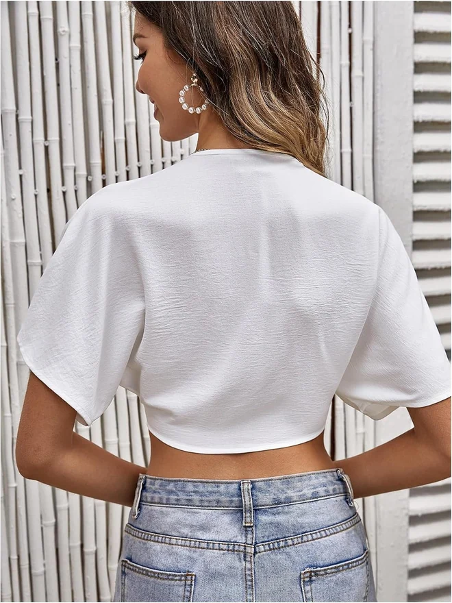 Deep V Neck Wrap Tie Front Blouse Cropped Shirt Top White by OYOANGLE, photograph 2 of 4