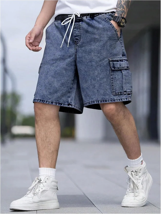Drawstring Waist Cargo Jean Denim Shorts with Flap Pockets by OYOANGLE, photograph 3 of 4