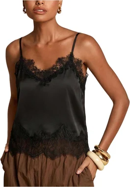 Y2K Satin Lace Trim Cami Top Summer Going Out Tank Tops in Black