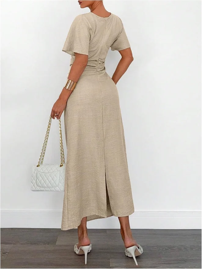 Textured Cinched Waist Slit Hem Maxi Dress Apricot by OYOANGLE