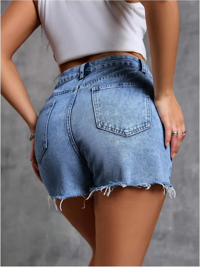 Raw Hem Denim Shorts High Rise Straight Leg Y2K Jean Shorts with by OYOANGLE, photograph 3 of 4