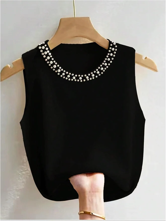 Plus Size Pearl Beaded Sweater Vest Black by OYOANGLE, photograph 2 of 3