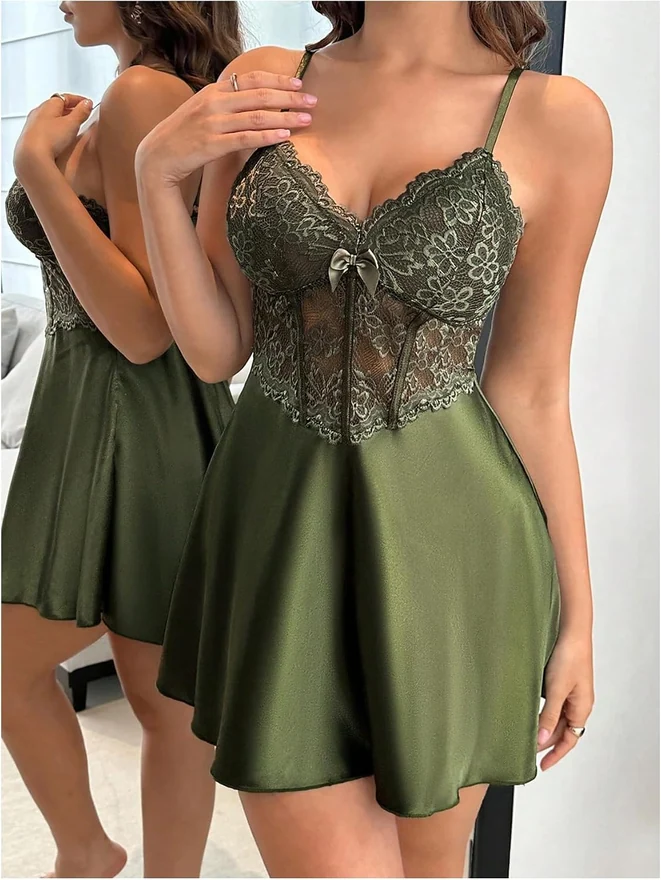 Floral Lace Satin Slip Dress Corset Mini Nightgowns by OYOANGLE, photograph 4 of 4