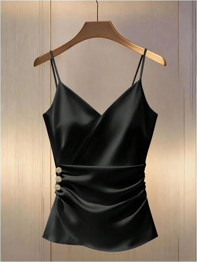 Silk Satin Wrap Tank Top Fitted Dressy Work Camisole Tops by OYOANGLE, photograph 2 of 2