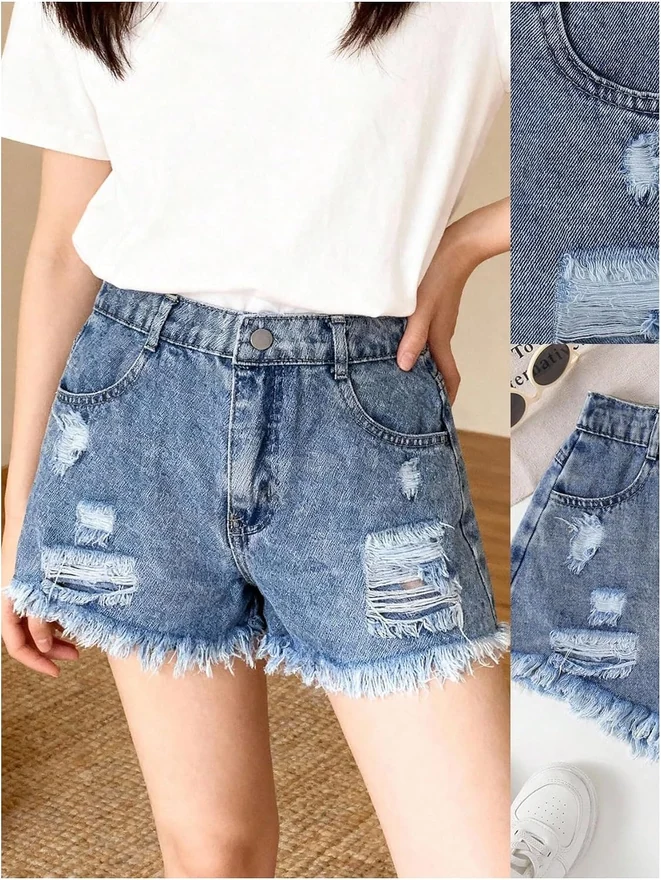 Girl's Ripped Denim Shorts Mid Rise Frayed Raw Hem Jean Shorts by OYOANGLE, photograph 2 of 4