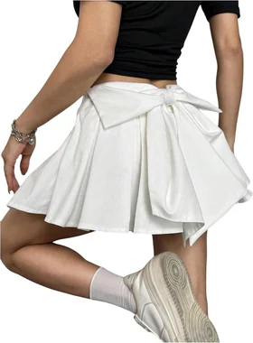Bow Back Pleated Short Skirt White in White