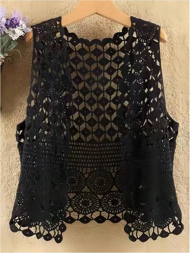 Hollow Out Crochet Sweater Vest Open Front Sleeveless Tops by OYOANGLE, photograph 3 of 4
