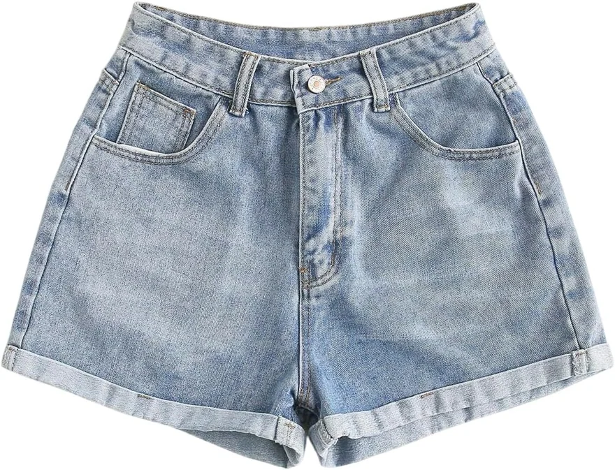 Denim High Rise Zipper Fly Rolled Hem Jean Shorts by OYOANGLE