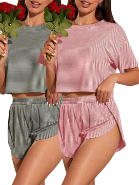 Pajamas for Women Set Cute Pjs Top and Split Shorts Lounge Sets in Grey Pink