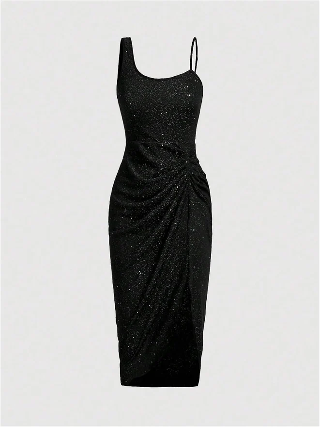 Glitter Ruched Bodycon Midi Dress Asymmetrical Party Dress by OYOANGLE, photograph 2 of 3