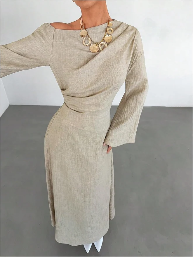 Off the Shoulder Ruched A Line Maxi Dress Apricot by OYOANGLE