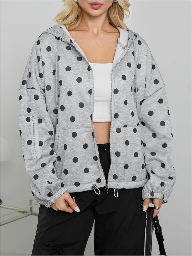 Polka Dots Fleece Sweatshirts Zip Up Hoodie with Pockets by OYOANGLE, photograph 3 of 4