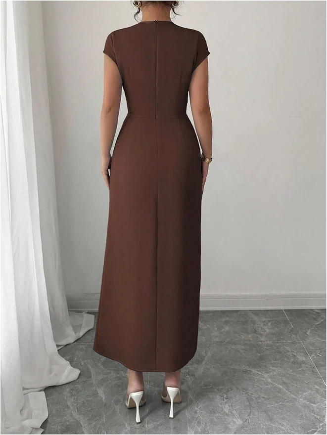 Cap Sleeve Belted Maxi Dress Brown by OYOANGLE, photograph 2 of 3