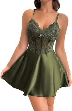 Floral Lace Satin Slip Dress Corset Mini Nightgowns Maroon in Army Green