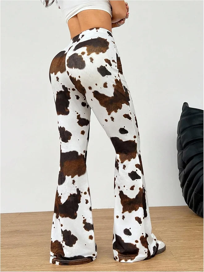 Cow Print High Waisted Pants Y2k Western Festival Trousers by OYOANGLE