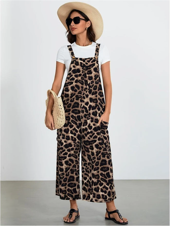 Leopard Print Sleeveless Straight Leg Jumpsuits with Pocket by OYOANGLE, photograph 2 of 3