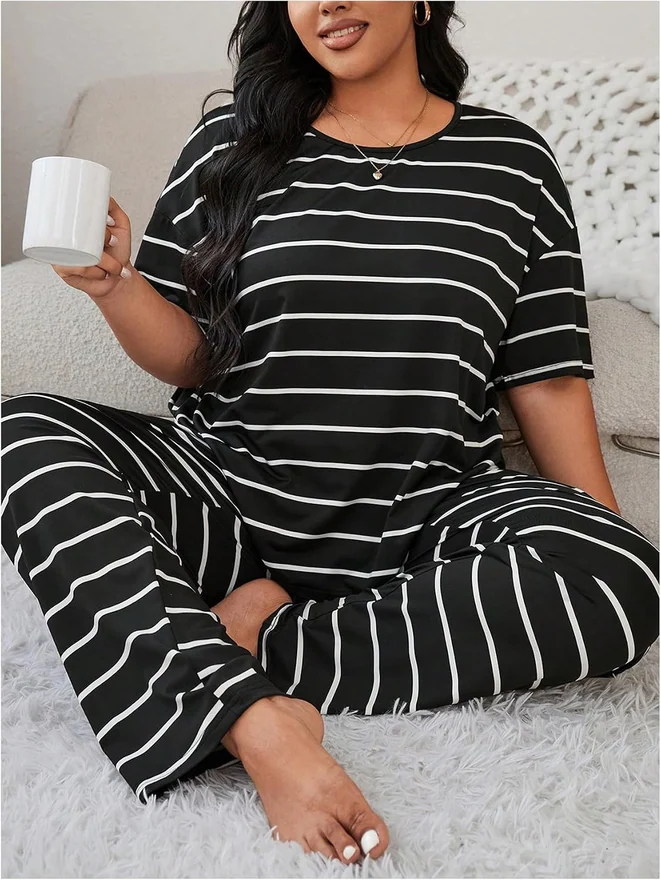 Plus Size Striped Pajama Set Short Sleeve Tee Top by OYOANGLE, photograph 3 of 3