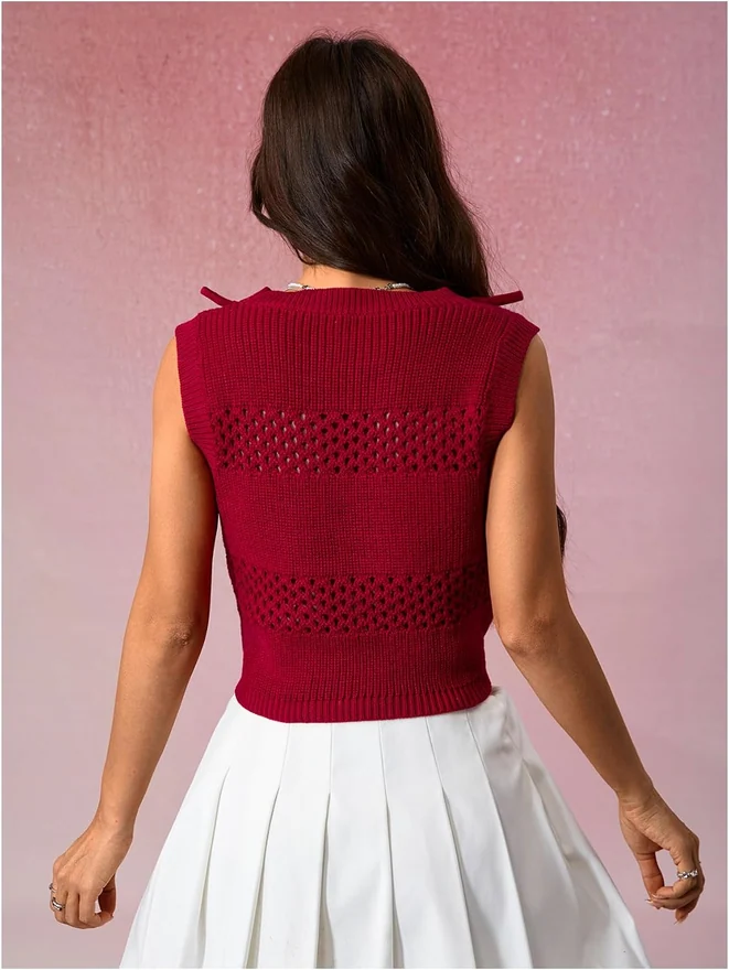Bow Sweater Vest Cute Hollow Out Sleeveless Cropped Sweaters by OYOANGLE, photograph 2 of 4
