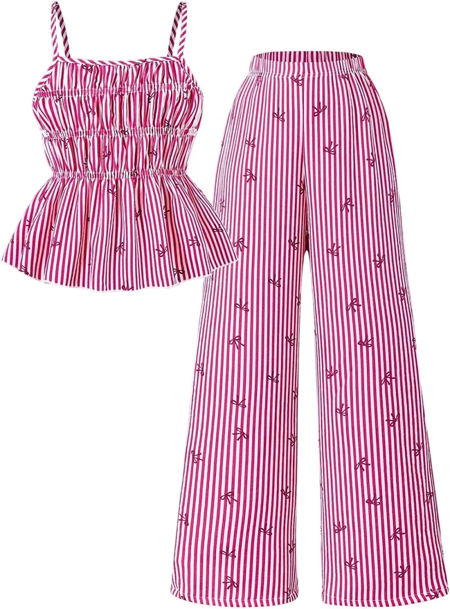 Girl's 2 Piece Outfits Striped Bow Ruched Ruffle Top and Pants by OYOANGLE