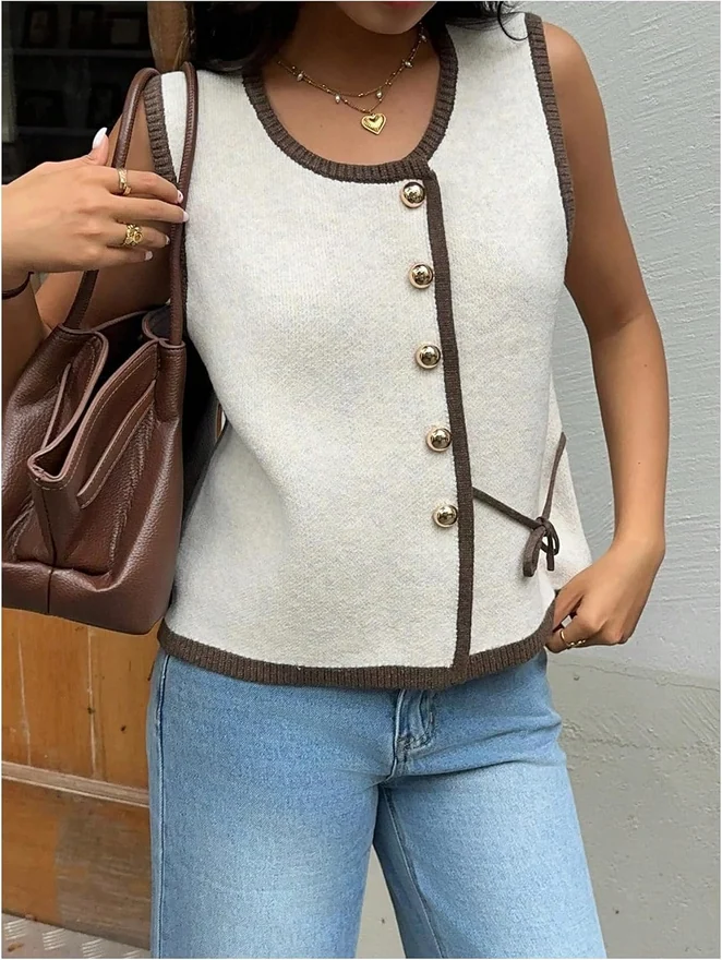 Button Up Cardigan Crew Neck Sweater Vest Apricot by OYOANGLE, photograph 2 of 4