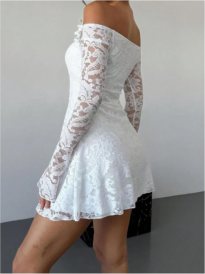 3D Floral Mesh Off the Shoulder Long Bell Sleeve Short Dress by OYOANGLE