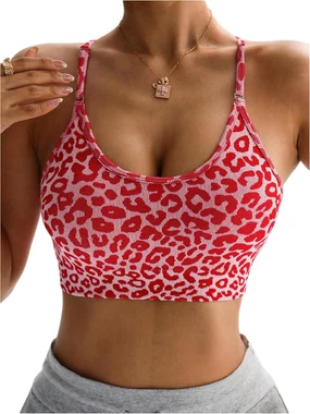Cheetah Print Sports Bra Criss Cross Bras Strappy Sports in Red